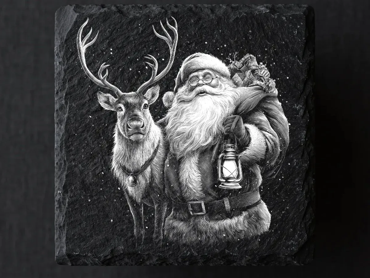 [Laser cut and engrave,Screen printing] Santa Claus and Reindeer Slate Coaster