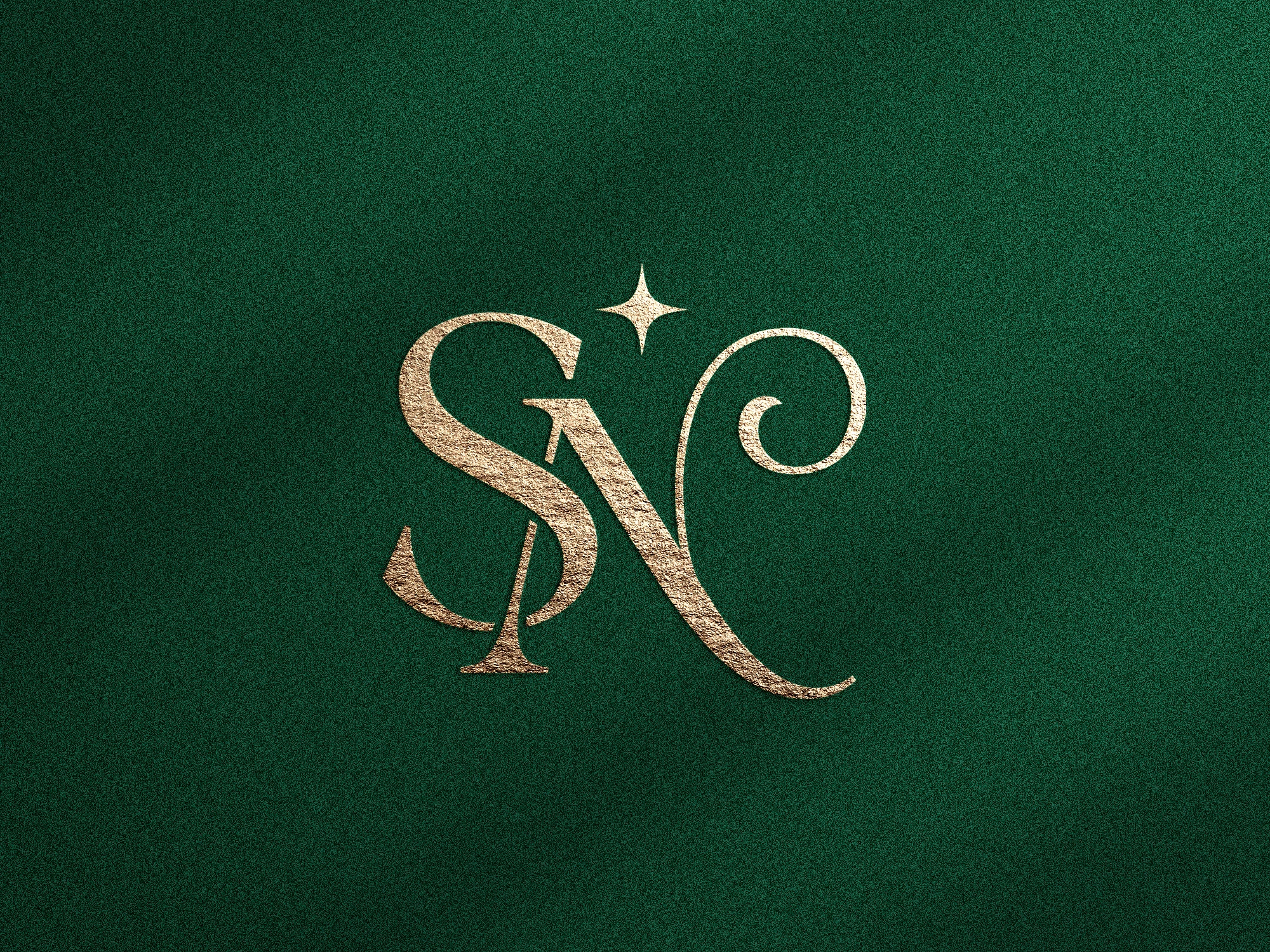 Monogramme doré avec lettres S et N sur fond vert texturé