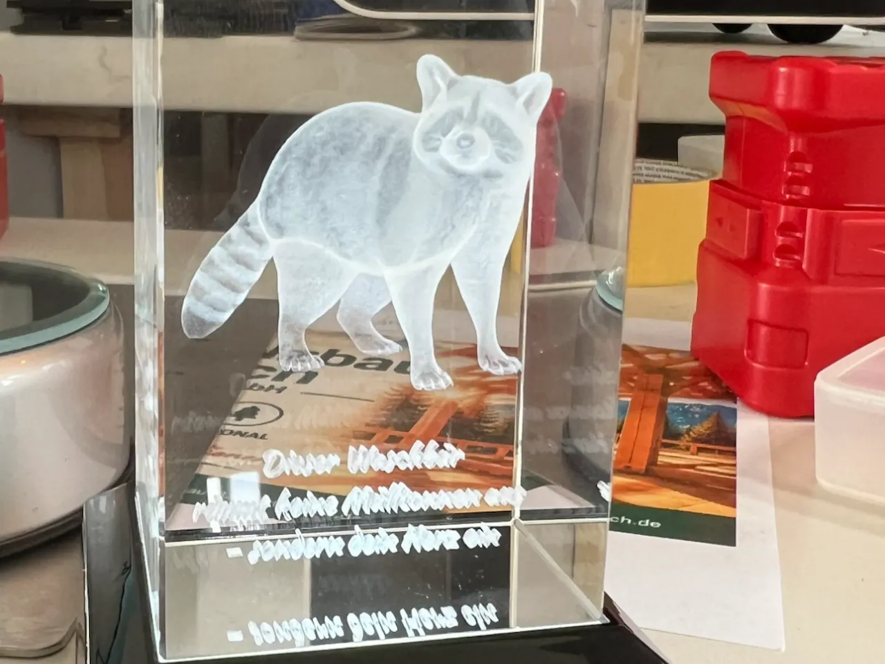 [Laser cut and engrave] Glaskristall mit Waschbär Motiv und persönlicher Gravur