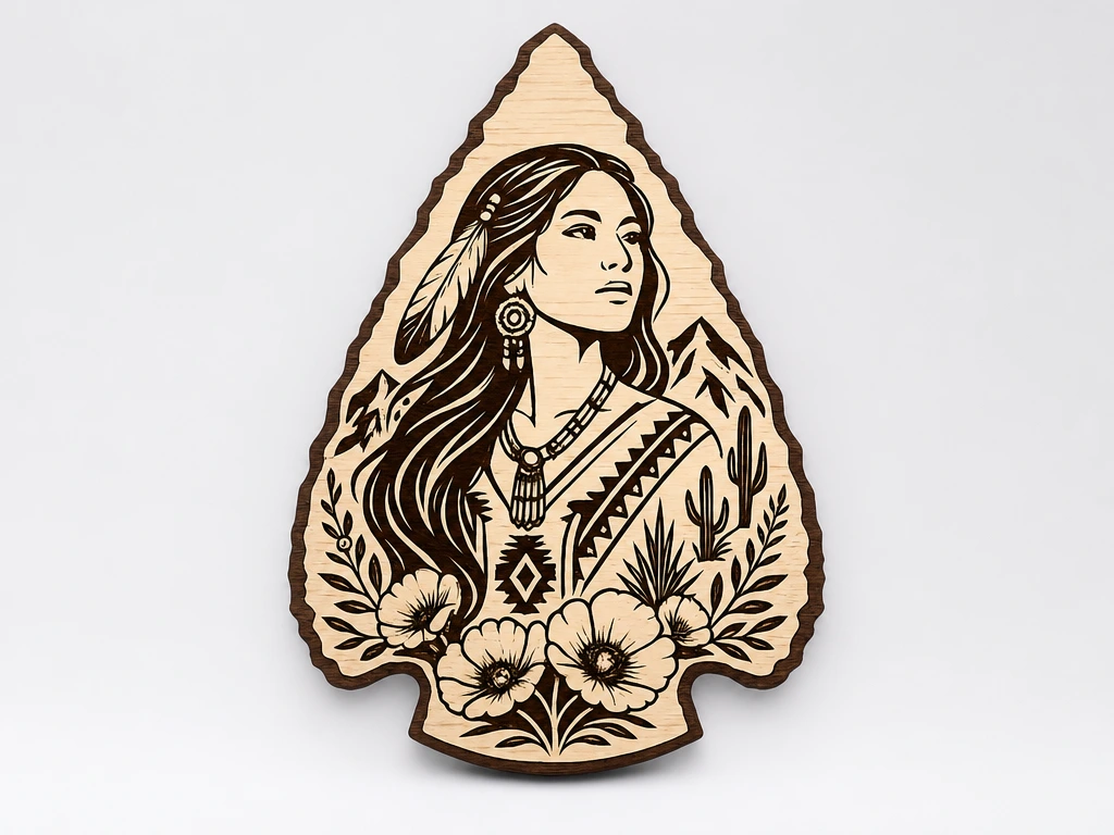 Native American Woman Arrowhead SVG XCS | Tribal Boho Wooden Wall Art | Laser Cut Western Decor | Glowforge xTool Digital File