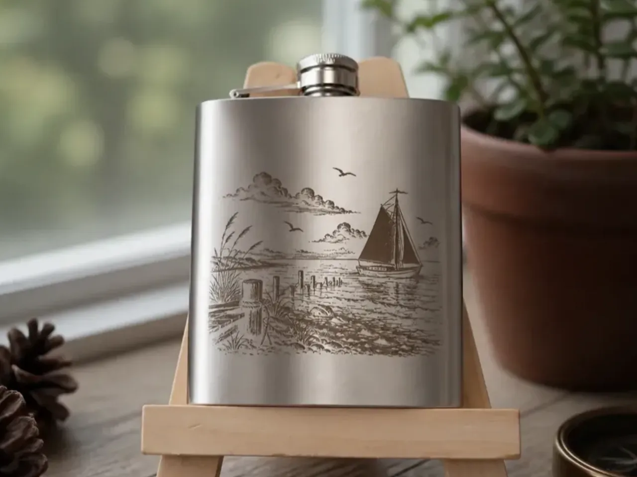 [Laser cut and engrave] Flasque en acier inoxydable avec motif de voilier marin