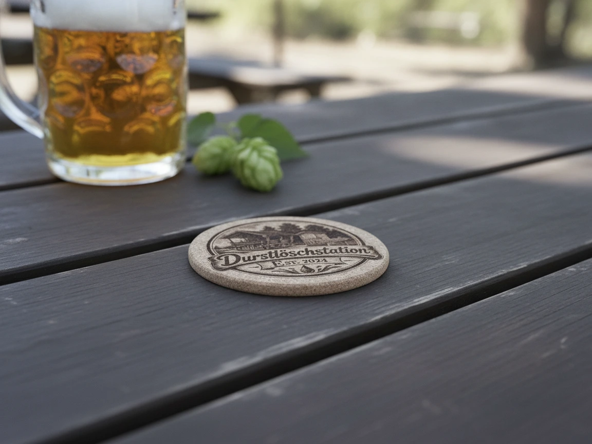 Runder Bieruntersetzer aus Kork mit Durstlöschstation Motiv