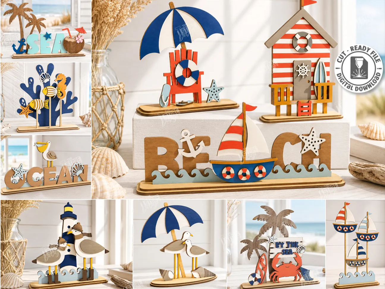 Nautical Themed Beach Tabletop Tiered Tray Signs and Coastal Decor Laser Cut Bundle. Summer Desk Decor