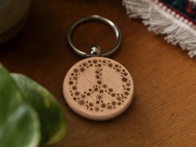 Porte-clés rond en bois avec motif floral de symbole de paix