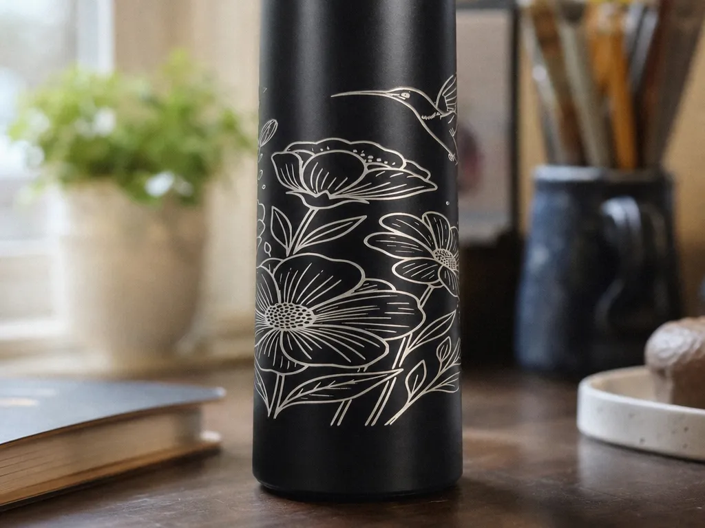 Black Insulated Water Bottle with Floral and Hummingbird Motif