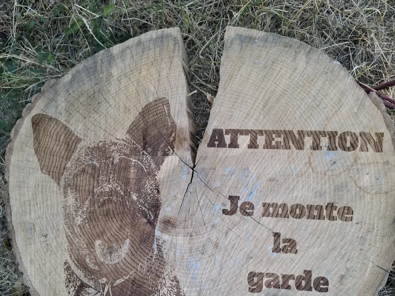 [Laser cut and engrave] Panneau de signalisation en bois avec portrait de chien et texte attention