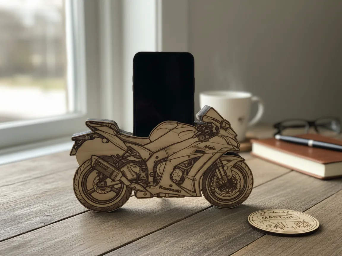 Support de téléphone en bois en forme de moto sportive Kawasaki Ninja