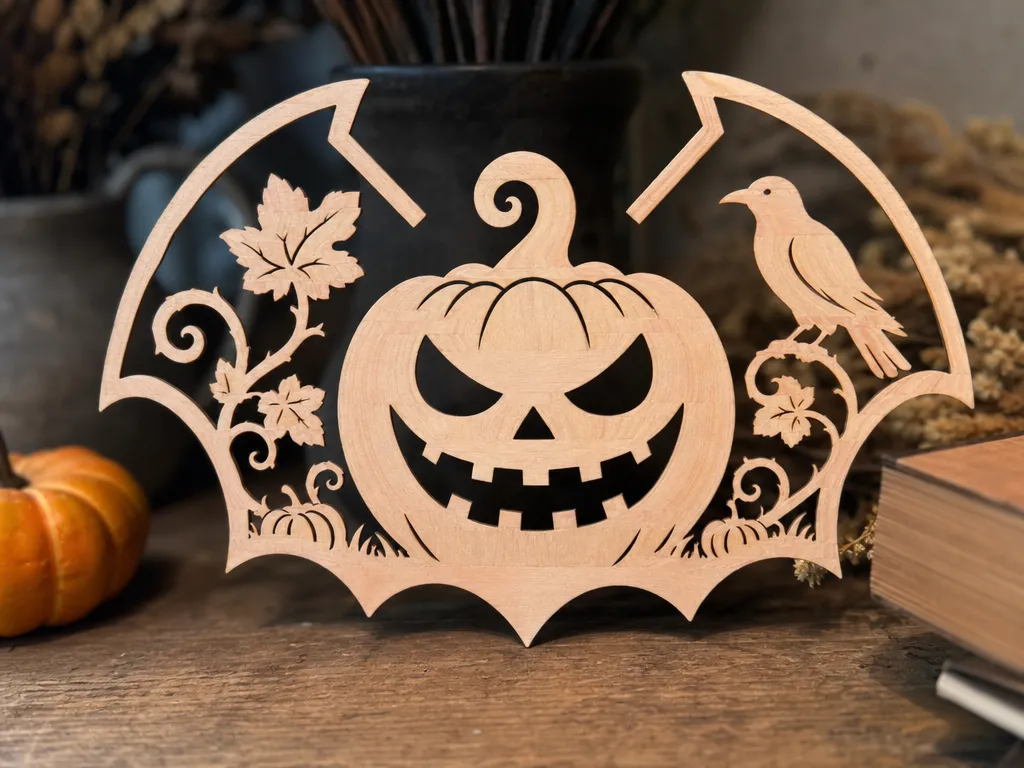 Halloween Pumpkin Bat Wing Laser Cut SVG DXF PDF, Jack O Lantern Wood Wall Art Cut File 3x2 inch, Spooky Halloween Decor Digital Download