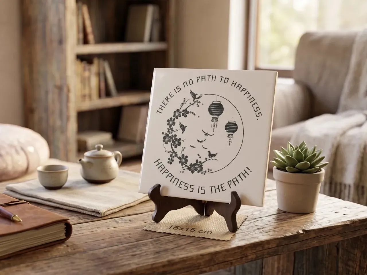 [Laser cut and engrave] Ceramic Tile with Inspirational Quote and Asian Floral Motif