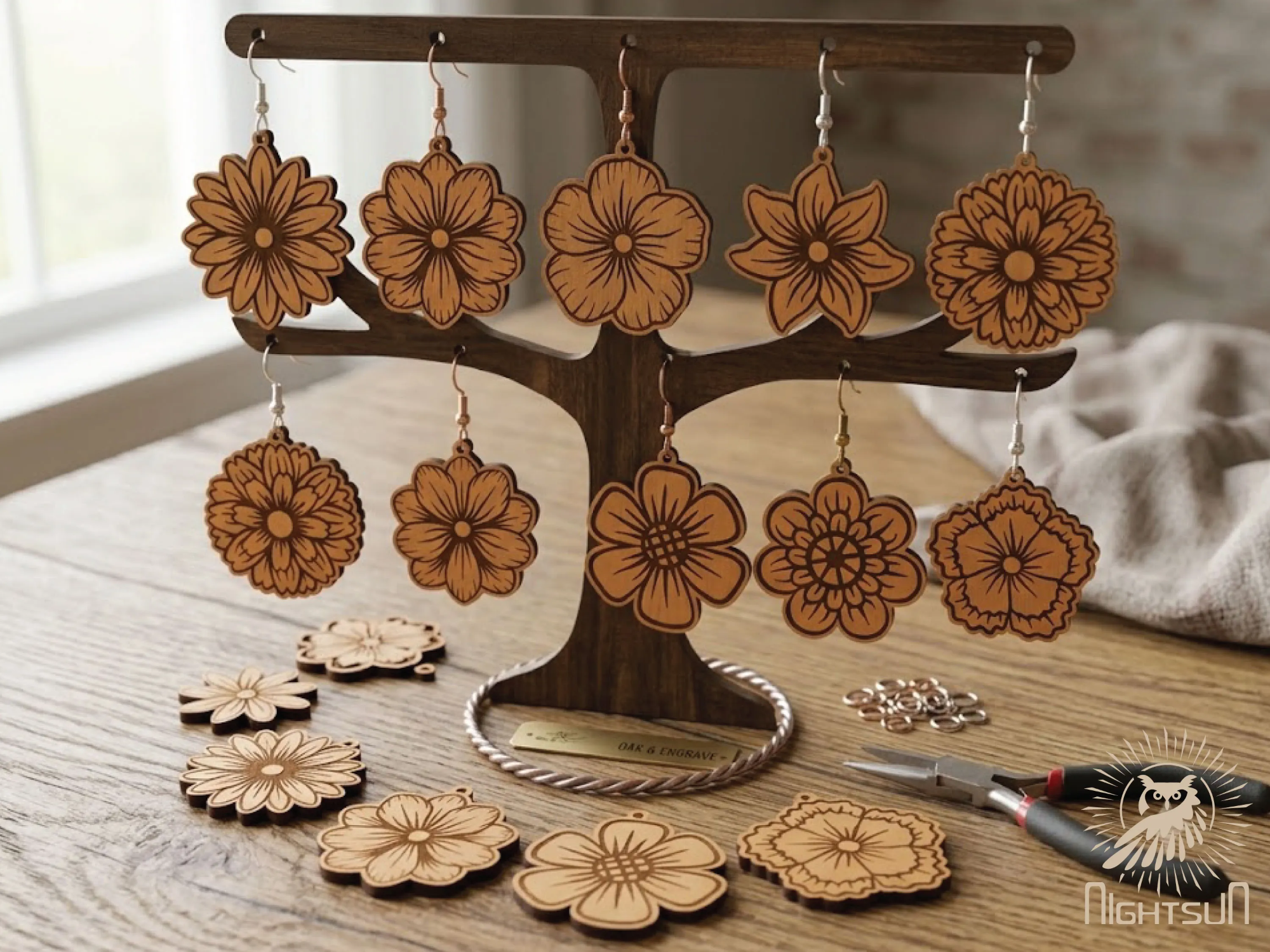 Floral wooden drop earrings with flower motifs