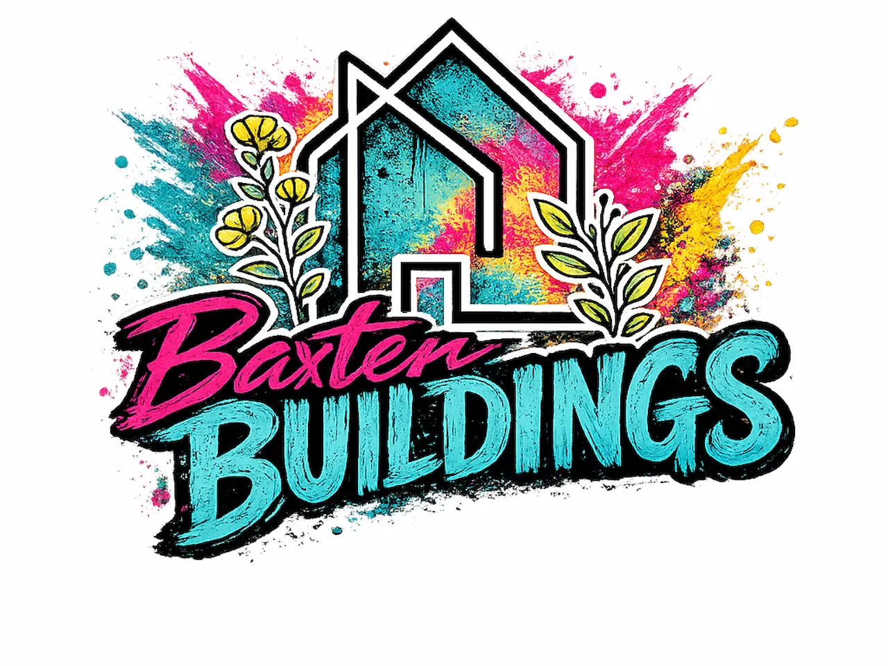 [DTF Printing] Baxter Buildings colorful house logo with floral accents