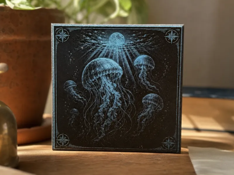 Jellyfish and Moon Square Painted White Tile Engraving