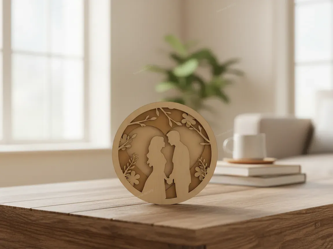 Couple silhouette circular wooden wall art with floral heart frame