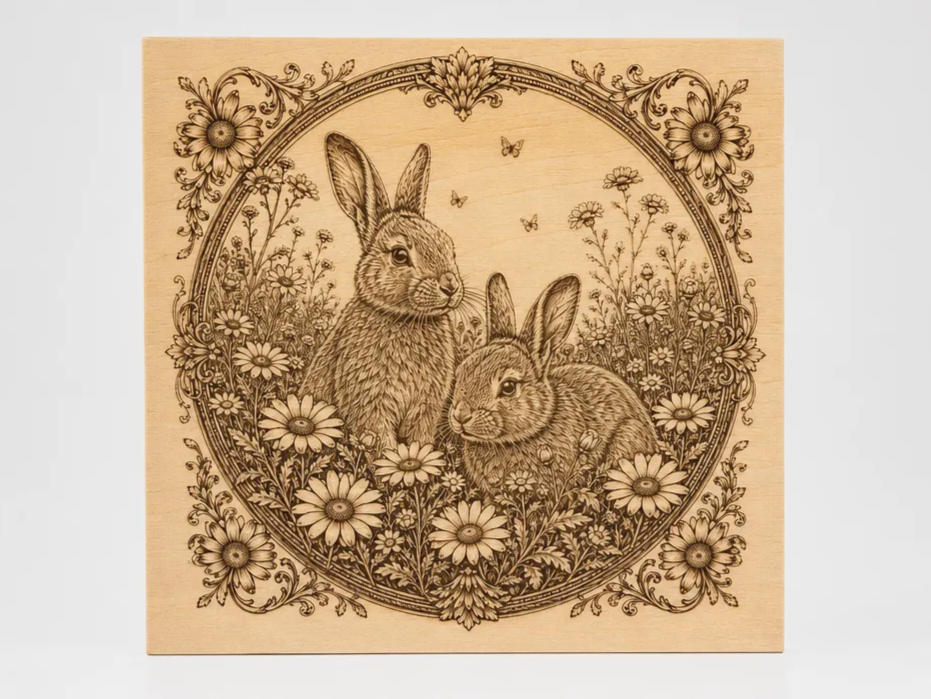Wooden Detailed Wood Engraving Featuring Two Rabbits in a Daisy Meadow