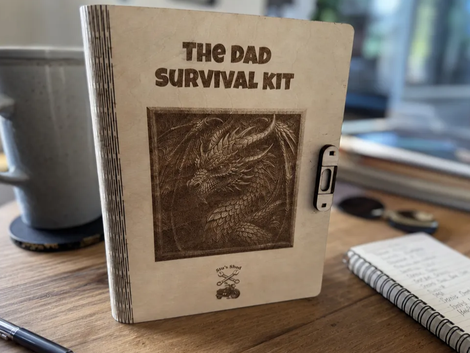 The Dad Survival Kit Wooden Storage Box with Dragon Illustration