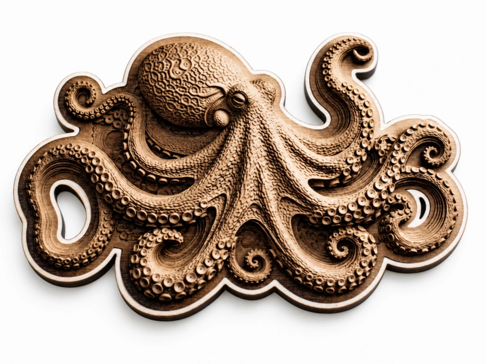 Intricately Detailed Wooden Octopus Wall Art