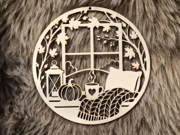 Runder Wandbehang mit herbstlichem Fensterblick Kürbis und Tasse