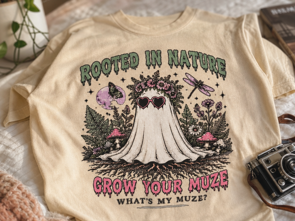 Rooted in Nature Ghost Graphic T-Shirt with Floral Crown and Sunglasses