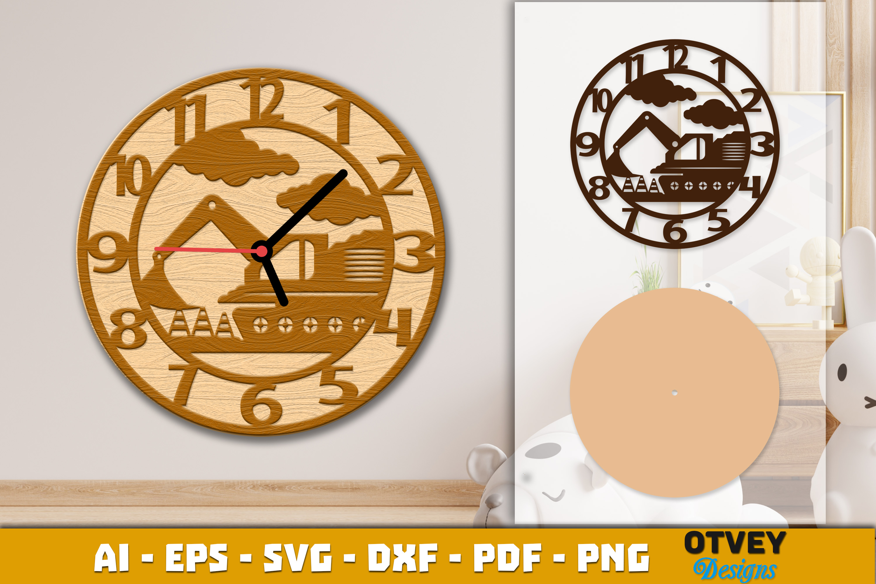 [Laser cut and engrave] Wooden Construction Wall Clock Lasercut 12 Designs