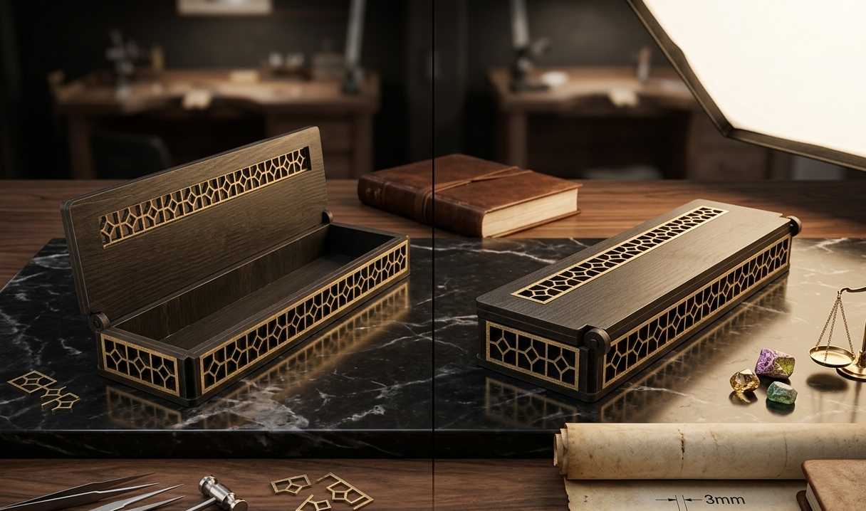 [Laser cut and engrave] Boîte à stylos rectangulaire en bois avec motifs géométriques ajourés