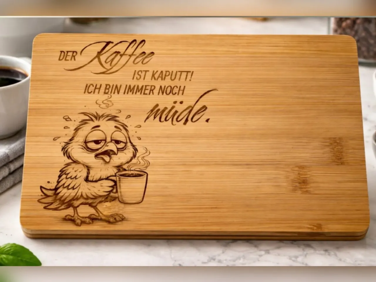 [Laser cut and engrave] Frühstücksbrettchen mit lustigem Vogel Motiv und Spruch Der Kaffee ist kaputt