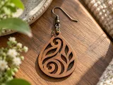 [Laser cut and engrave] Teardrop Shaped Wooden Earring with Swirl and Leaf Cutout Pattern