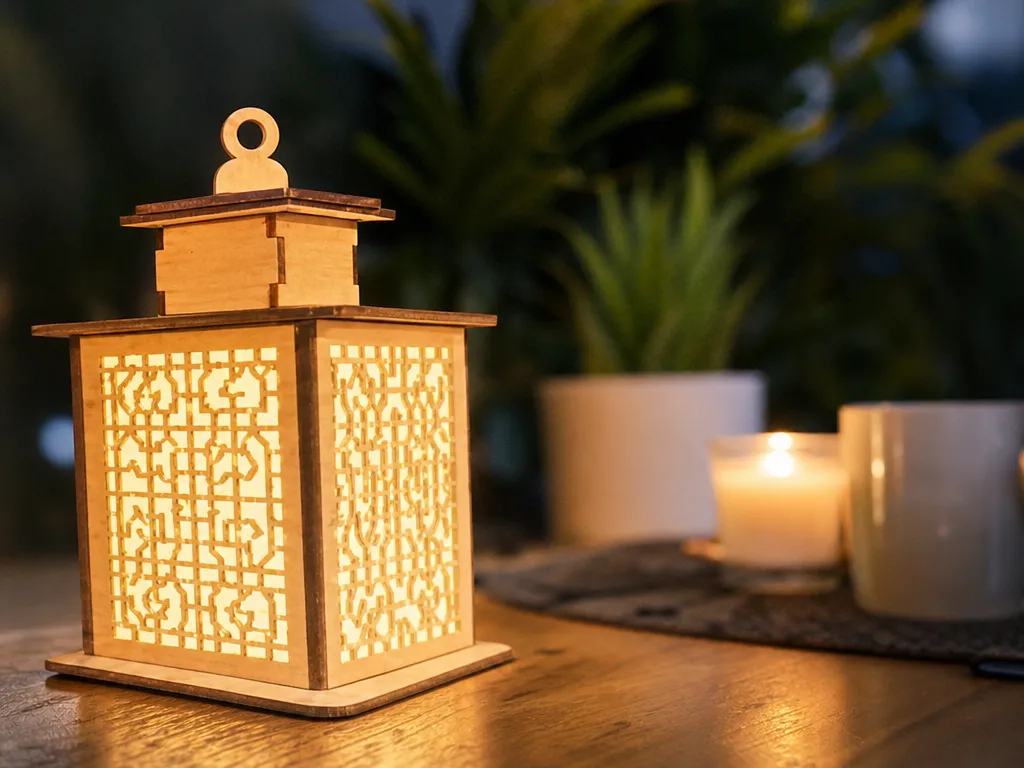 Lámpara de mesa estilo oriental con diseño geométrico calado