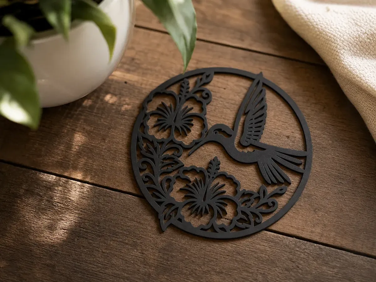 [Laser cut and engrave] Round Hummingbird and Hibiscus Flower Wall Art