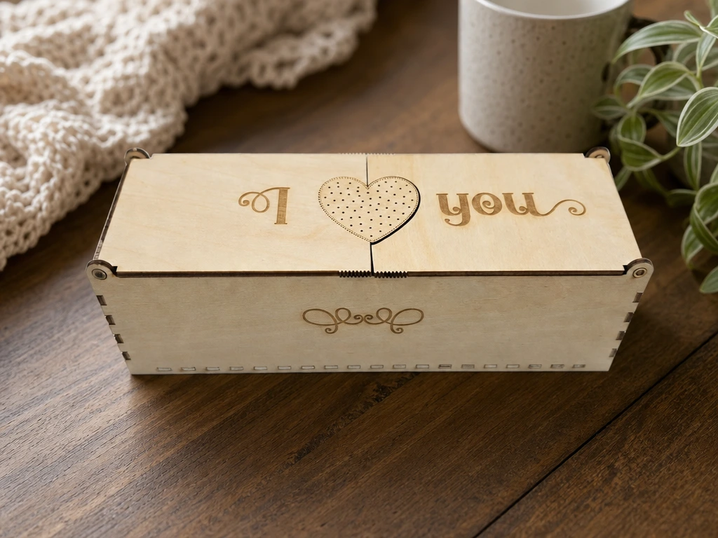 Present box mit I Love You Gravur und Herzmotiv und Klappdeckel