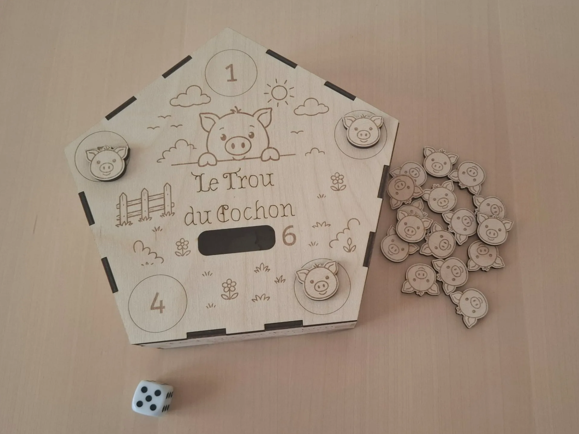 Jeu de société en bois Le Trou du Cochon avec jetons et dé avec règles en français et anglais, version commerciale
