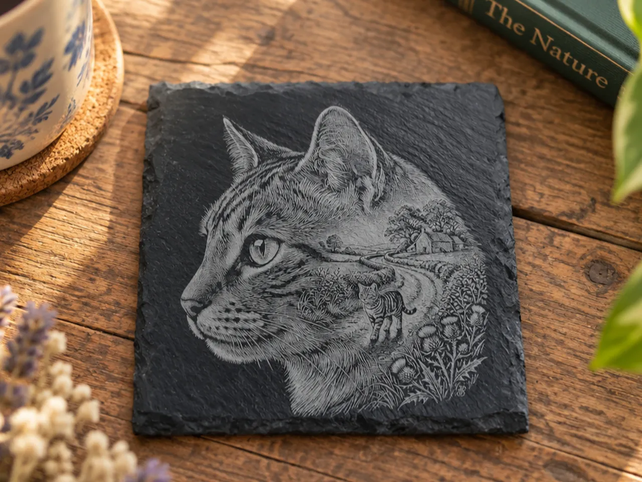 [Laser cut and engrave] Square Slate Coaster Featuring a Detailed Cat Portrait and Countryside Landscape