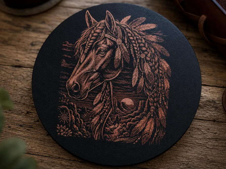 Painted red black canvas with horse head and feathers