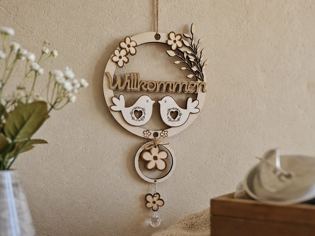 Willkommes Türschild mit Vögeln und Blumen als Wandbehang