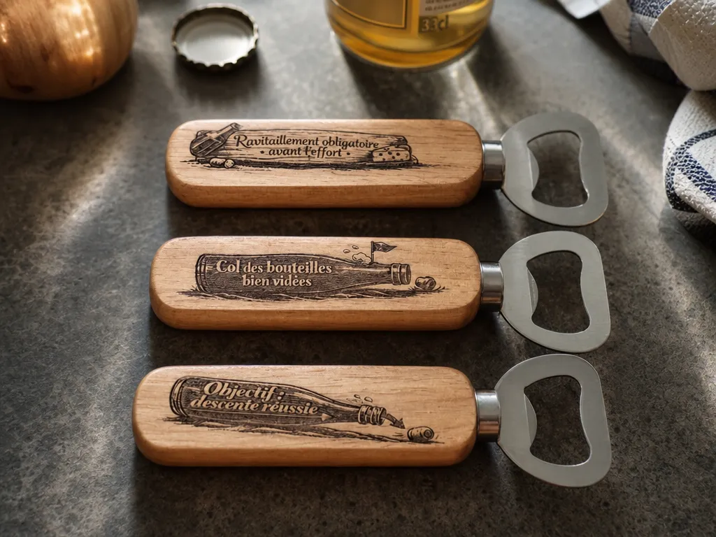 Décapsuleurs en bois avec illustrations humoristiques sur le thème de la boisson