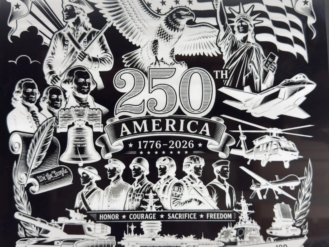 America 250th Anniversary Commemorative Plaque with Patriotic Military and Historical Imagery