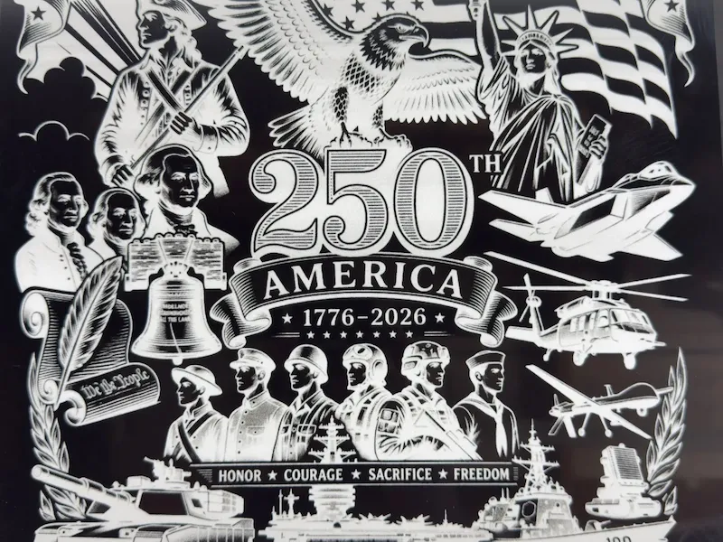 America 250th Anniversary Commemorative Plaque with Patriotic Military and Historical Imagery