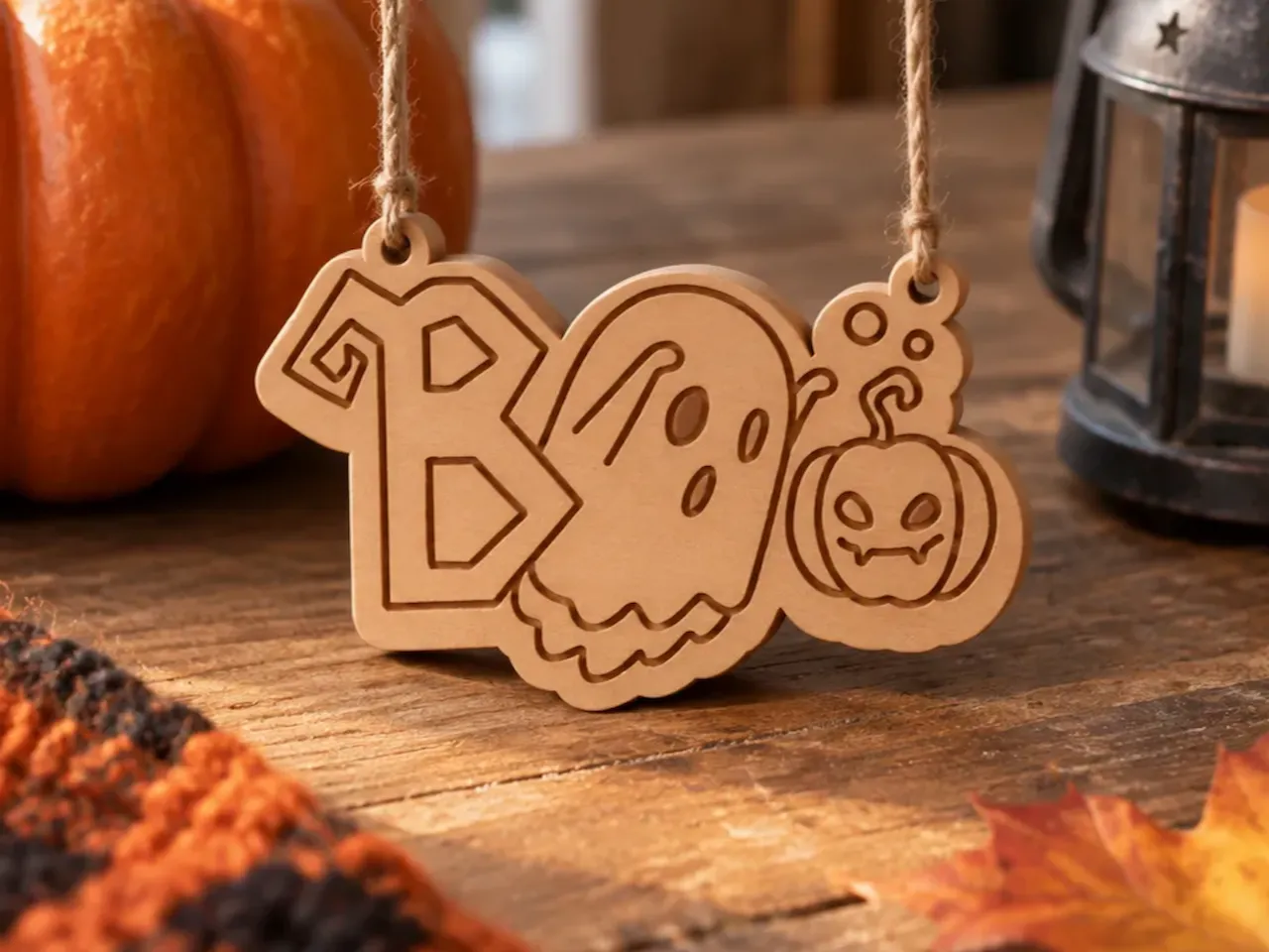 [Laser cut and engrave] Boo Ghost and Pumpkin Halloween Hanging Sign