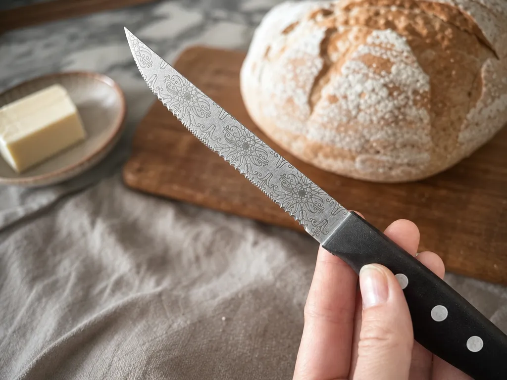 Serrated kitchen knife with floral pattern blade