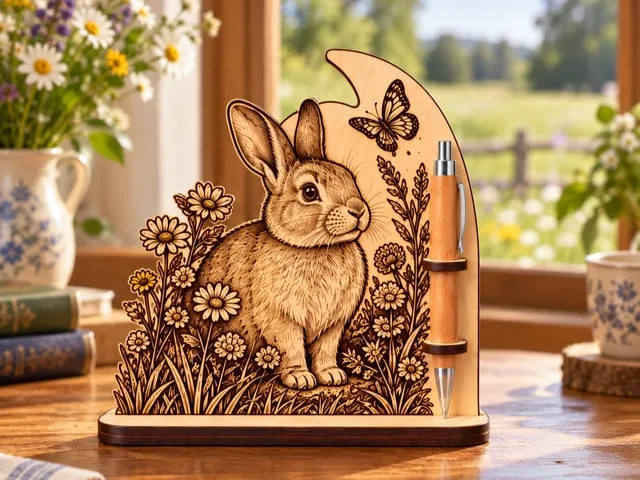 Porte-stylo décoratif avec motif de lapin et fleurs printanières