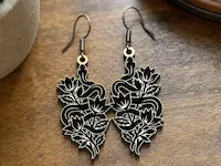 [Laser cut and engrave] Black and Gold Snake and Lotus Flower Dangle Earrings. Halloween Earrings.