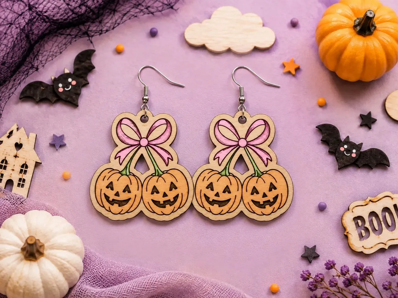 [Laser cut and engrave] Halloween Pumpkin Bow Earrings Svg, Laser Cut File, Dxf Svg Pdf, Glowforge Template, Wood Earrings, Digital Download