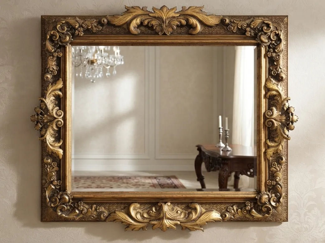 Ornate Rectangular Wall Mirror with Antique Gold Baroque Frame