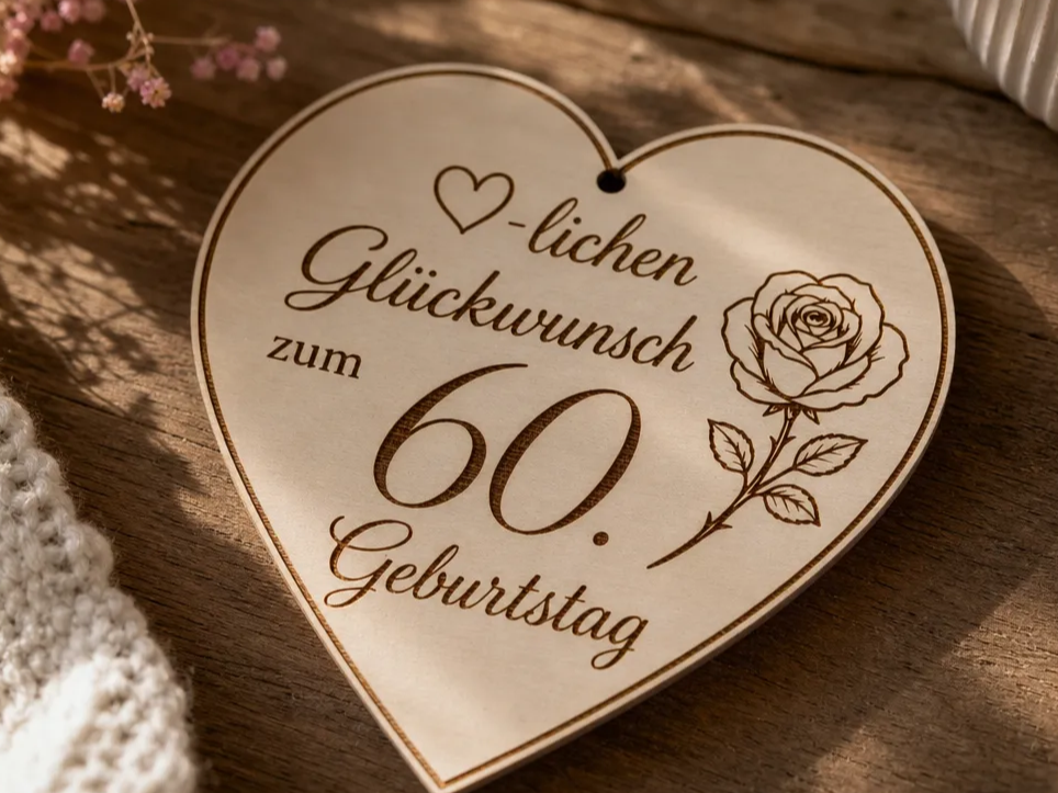 Herzförmiger Anhänger zum 60. Geburtstag mit Rosenmotiv