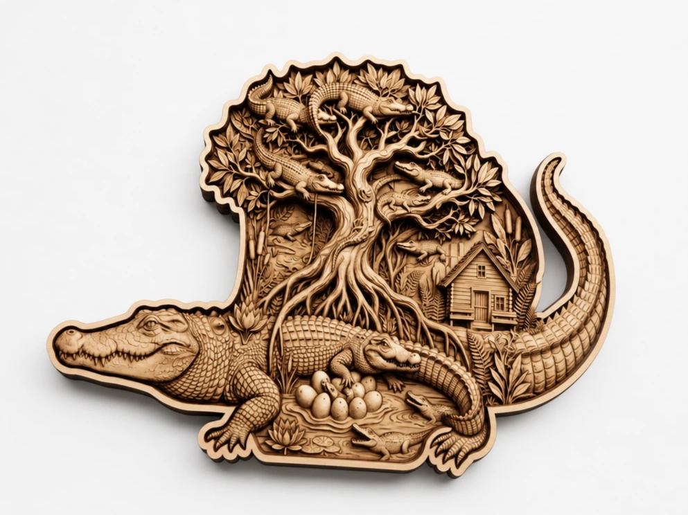 Alligator and Swamp Tree Wall Art with Cabin and Nest