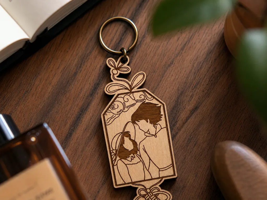 Porte-clés en bois avec illustration de couple inspirée de l'animation japonaise