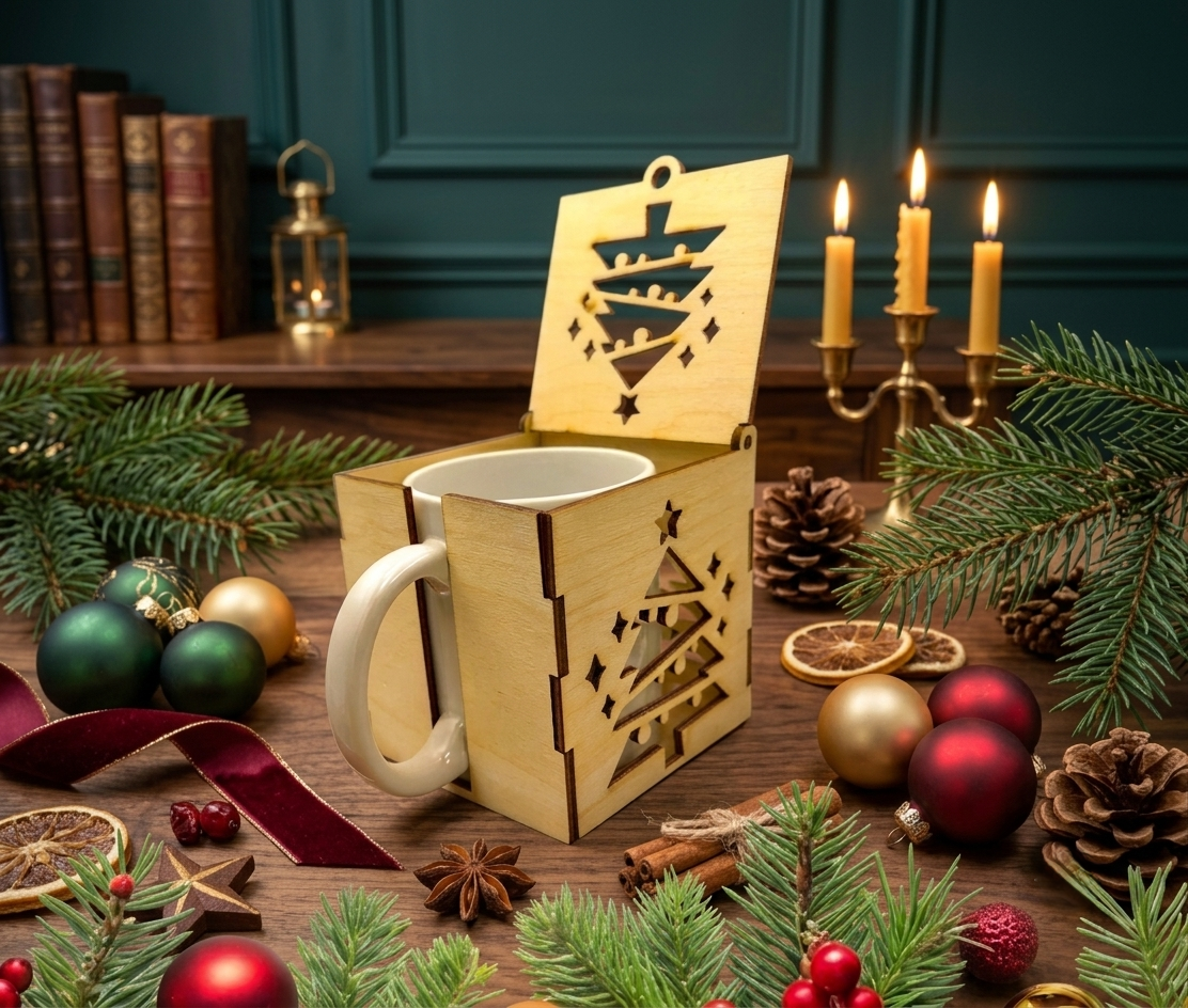 [Laser cut and engrave] Boîte en bois pour tasse avec motif de sapin de Noël