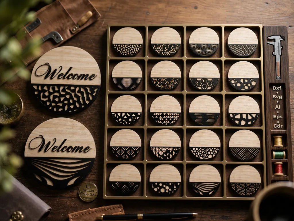 Ensemble de sous-verres circulaires en bois avec motifs géométriques et inscription Welcome