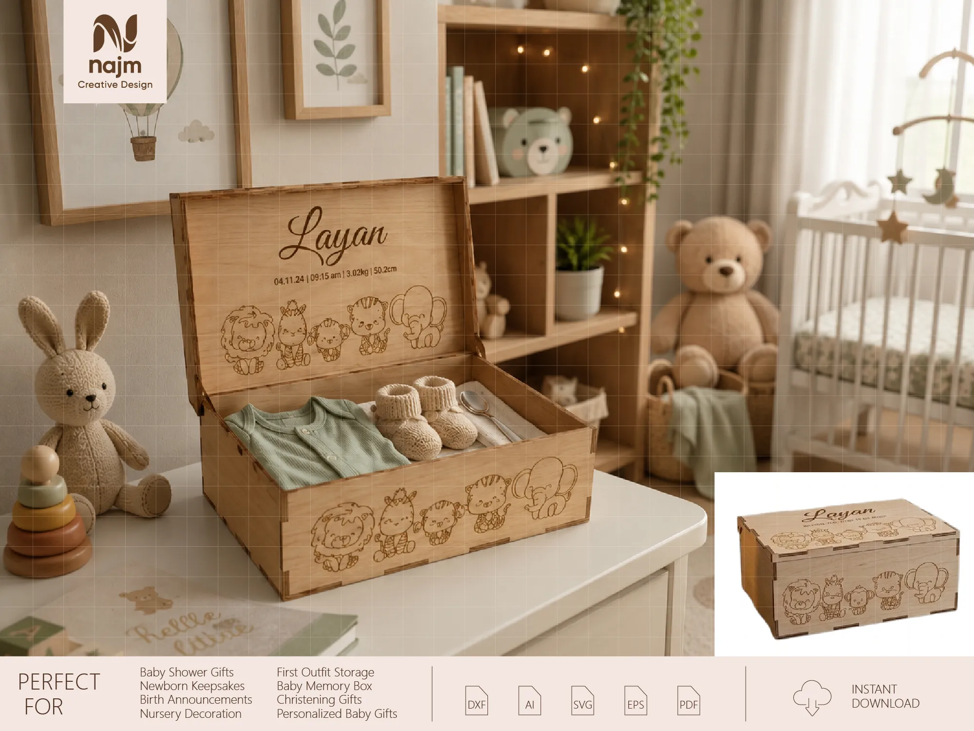 Personalized Wooden Baby Memory Box with Animal Illustrations