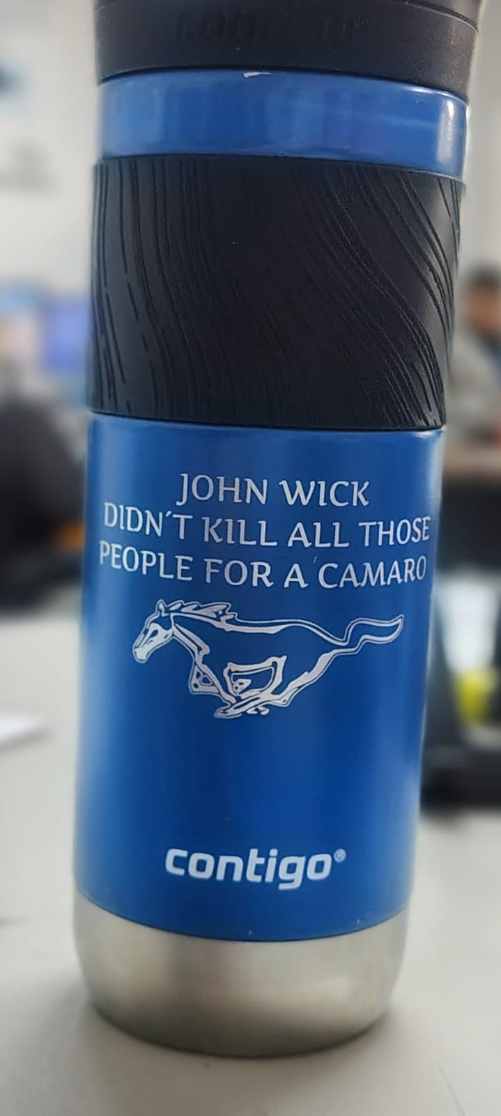 [Laser cut and engrave] Blue insulated tumbler with John Wick Mustang quote