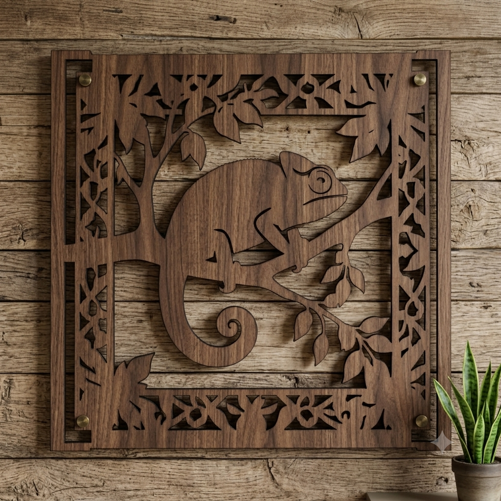 [Laser cut and engrave] Chameleon Wall Art Wooden Panel
